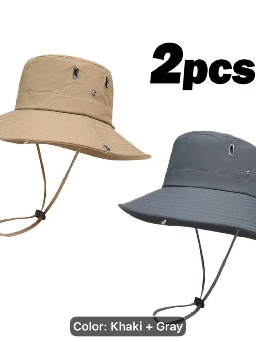 Pack of 2 Men's Wide-Brim Sun Hats - Khaki & Gray